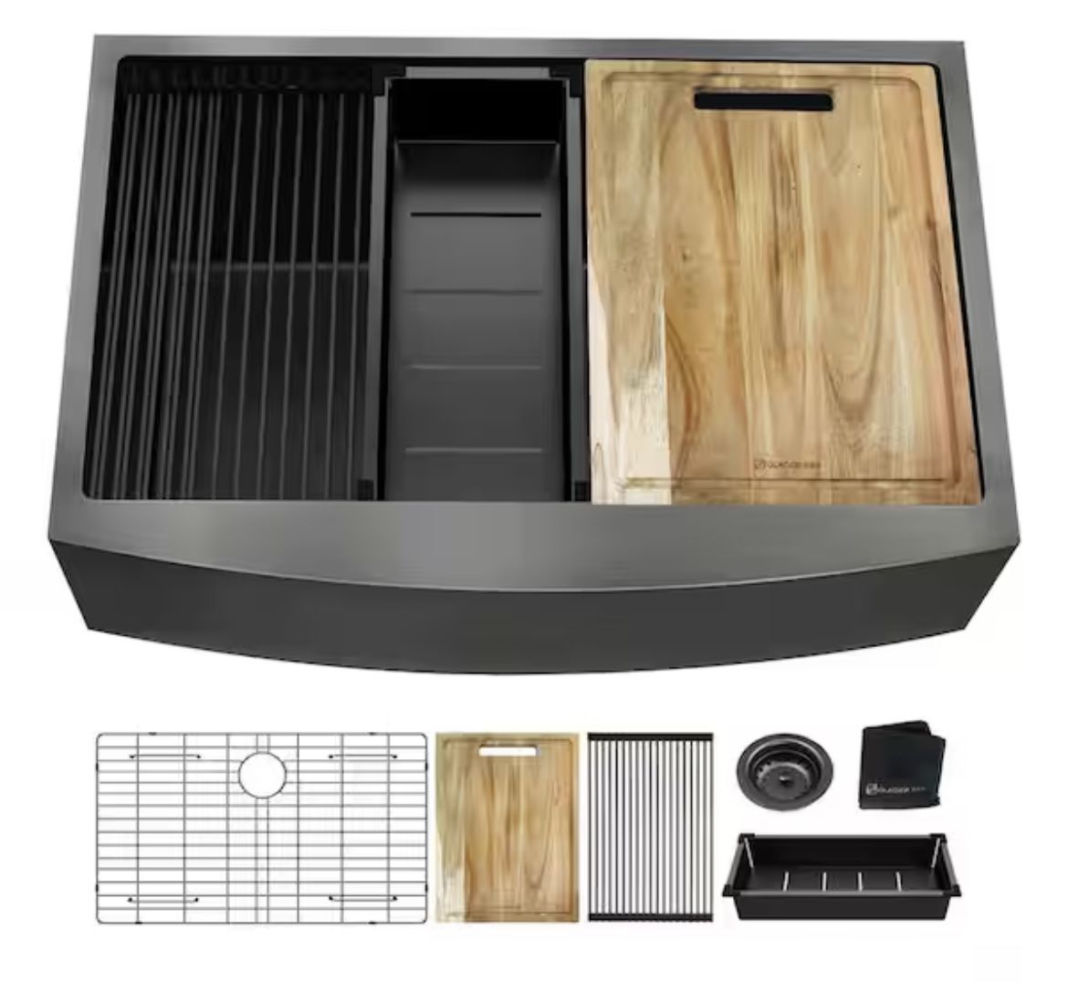 Glacier Bay 33 in. Farmhouse/Apron-Front Single Bowl 18 Gauge Gunmetal Black Stainless Steel Workstation Kitchen Sink