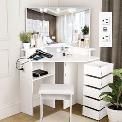 VOWNER Vanity with Lights - Makeup Vanity Desk with Power Outlet, 3 Color Lighting Options Brightness Adjustable, 5 Rotating Drawers, Shelves and Stoo