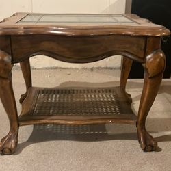 Wood With Rattan And Leaded Glass End Table