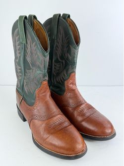 Ariat Mens 12 D Western Cowboy Boots Two Tone Brown Green Leather Good Condition