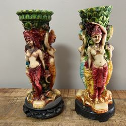 VINTAGE ASIAN RESIN VASES DRAGONS DOGS EXOTIC DANCER GODDESSES CANDLE HOLDER
