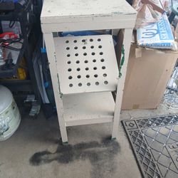 Metal And Wood Table With 3 Shelfs The One In The Meddle Is For Screwdriver's And Other Tools 