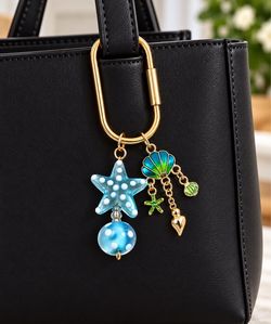 Blue Starfish & Seashell Ocean Charm Keychain – Coastal Purse & Bag Charm