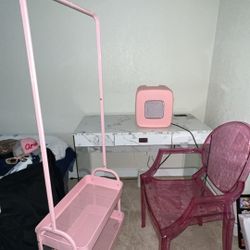 Desk, Chair, Rack, Mini Fridge