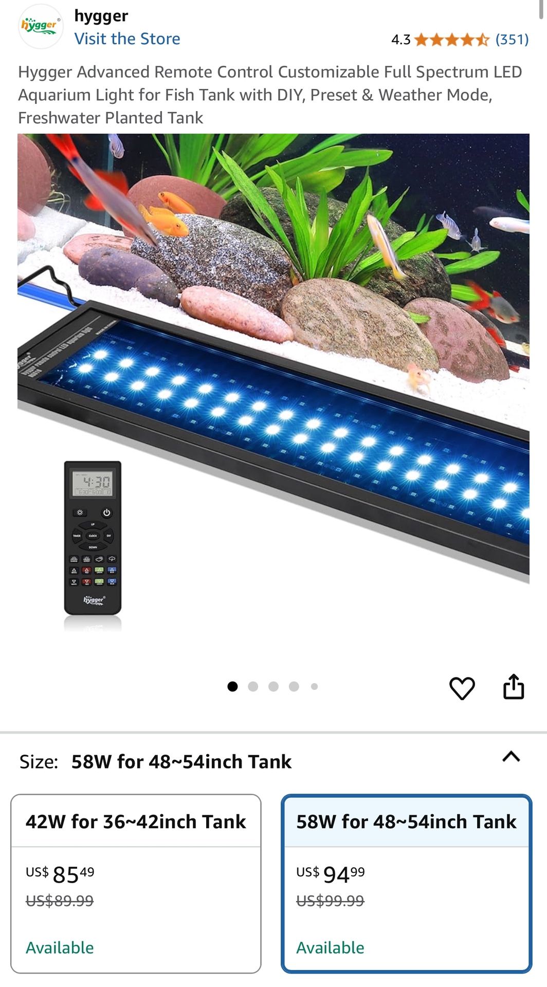 Hygger Advanced Remote Control Customizable Full Spectrum LED Aquarium Light for Fish Tank with DIY, Preset & Weather Mode, Freshwater Planted Tank