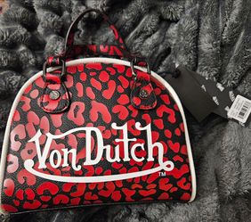 Von Dutch Red and Black Leopard Print Satchel with White Logo