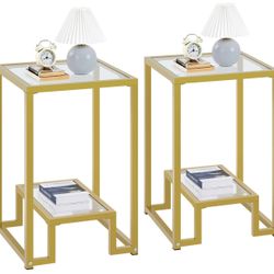 Gold Nightstand Set of 2, Modern Tempered Glass Side Table with Open Shelf & Metal Frame, Heavy-Duty Square Coffee Table End Table for Living Room Bed