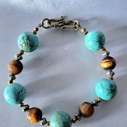 Vintage Turquoise Howlite And Tigers Eye Bracelet
