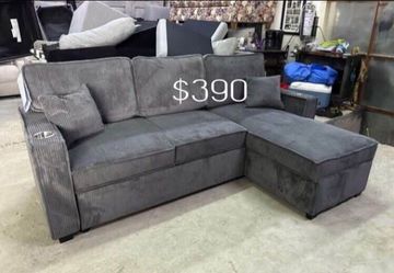 2-pc Sectional sofa pull-out bed with storage dark grey corduroy