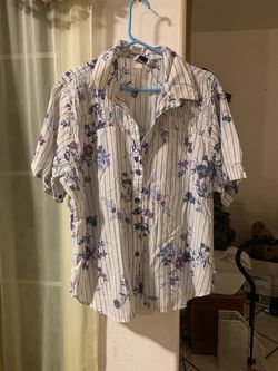 Kaply Blue & White Floral Striped Button-Up Shirt – 1X