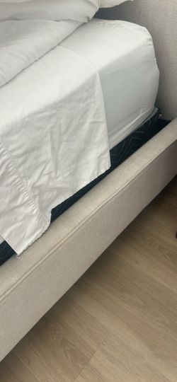 Queen mattress and boxspring with headboard and bedding