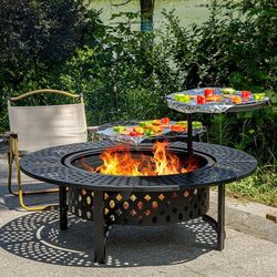 47 Inch Fire Pit with 2 Grills Wood Burning Fire Pits for Outside with Lid & Poker,BBQ& Outdoor Fire Pit & Round Metal Table 3 in 1 for Pa