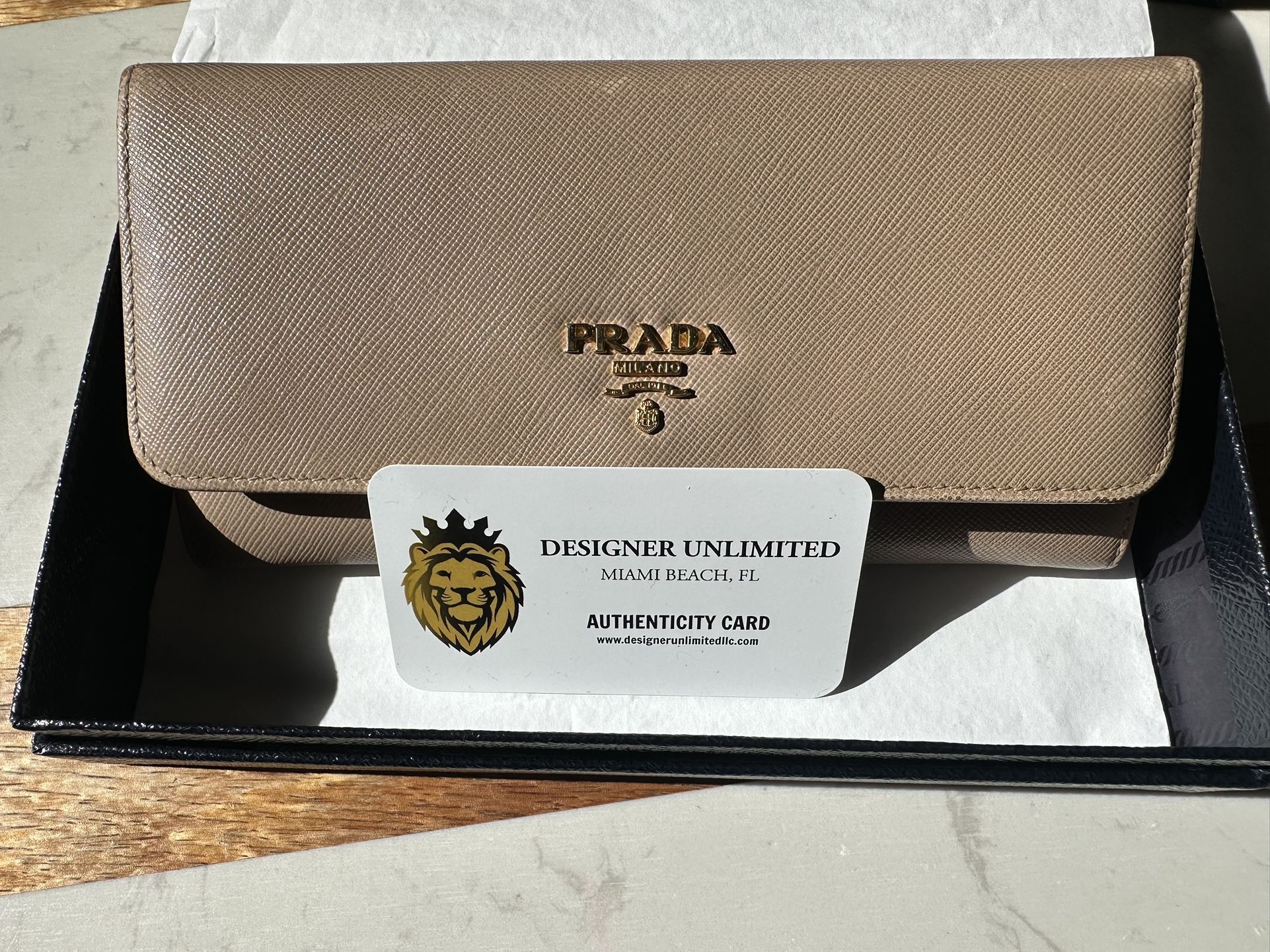 PRADA Light Beige Saffiano Lux Leather Long Flap Snap Wallet