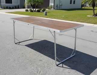 6’ Vintage Aluminum Folding Faux Wooden Event Banquet Table! Sturdy. 72x30x28in