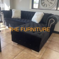 Brand New Sectional Velvet Black With Chrome Legs And Accent Pillows Including 