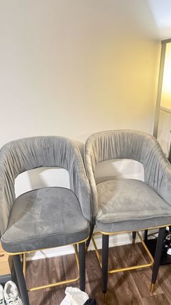 Gray Velvet Bar Stools with Gold Legs – Set of 2