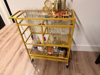 Gold Metal Bar Cart with Glass Shelves