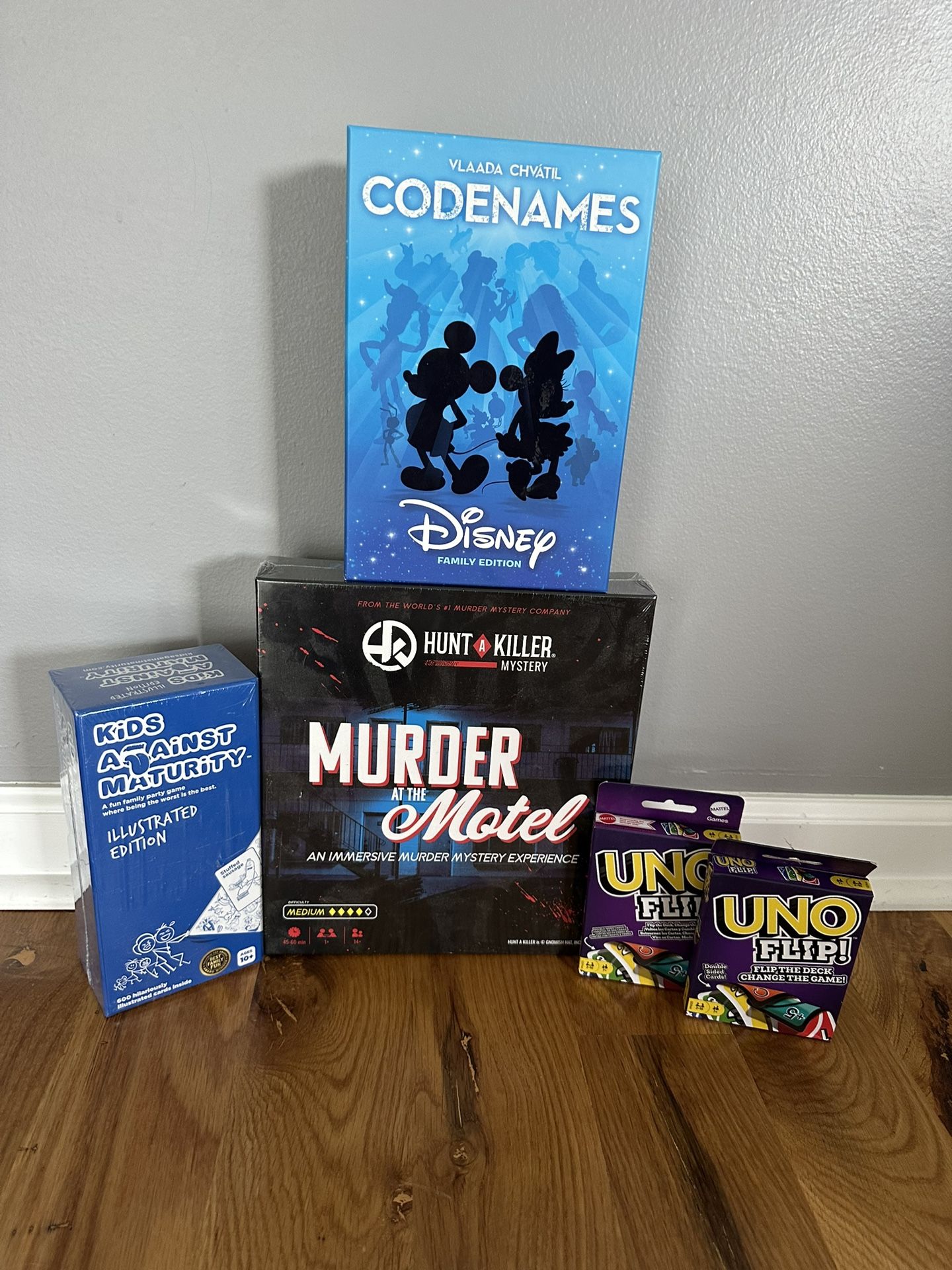 Disney CodeNames - Kids Against Maturity - Uno Flip - Murder Motel Hunt Killer - New Games
