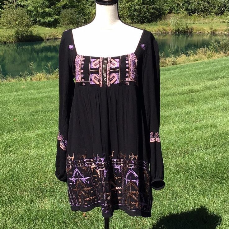 FREE PEOPLE Black Rhiannon Embroidered Babydoll Dress SIZE LARGE