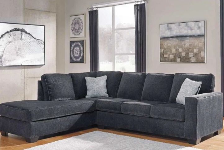 Charcoal Gray Sectional Sofa Right or Left facing chaise available attached back pillow piped seams Accent Pillows included 110x90