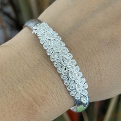 S925 Silver peacock feathers pattern cuff Bracelet,Silver Cuff bangle bracelet,Chunky bracelet,Silver Cuff bangle bracelet,Cuff bangle,Gift for her hi