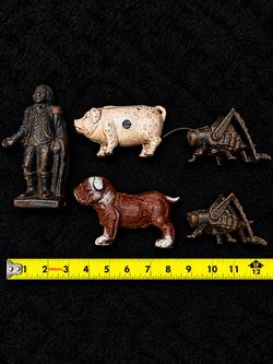 5pc Vintage Cast Iron Decor Lot – 2 Bug Boot Jacks, Piggy Bank, Doorstop, Dog