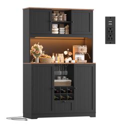 Smart Pantry Cabinet, Charging Station, LED Lighting, Storage Sideboard with Wine Rack & Adjustable Shelves