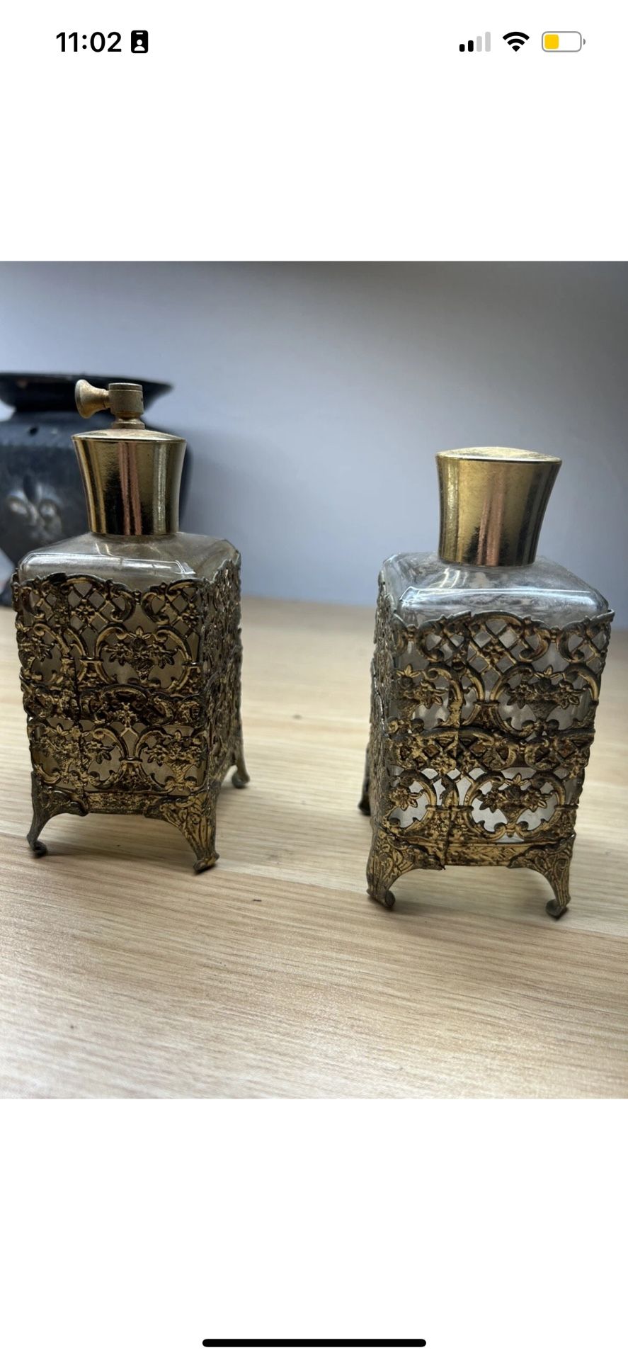 Vintage Perfume Bottles Gold Brass Tone Metal Filigree & jewelry box Set
