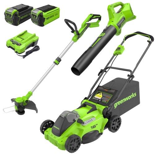 Greenworks 40V 16" Brushless Cordless Lawn Mower + Blower + String Trimmer Kit
