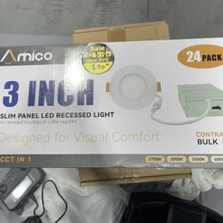 Amico 24 Pack 3 Inch 5CCT Ultra-Thin LED Recessed Ceiling Light with Junction Box, 2700K/3000K/3500K/4000K/5000K Selectable, 7W Eqv 60W, Dimmable Canl
