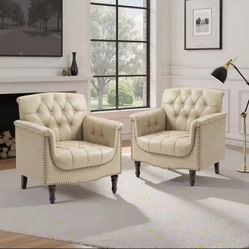 2-Piece PU Leather Accent Chair Set – Modern Armchairs w/ Tufted Back & Nailhead Trim 
