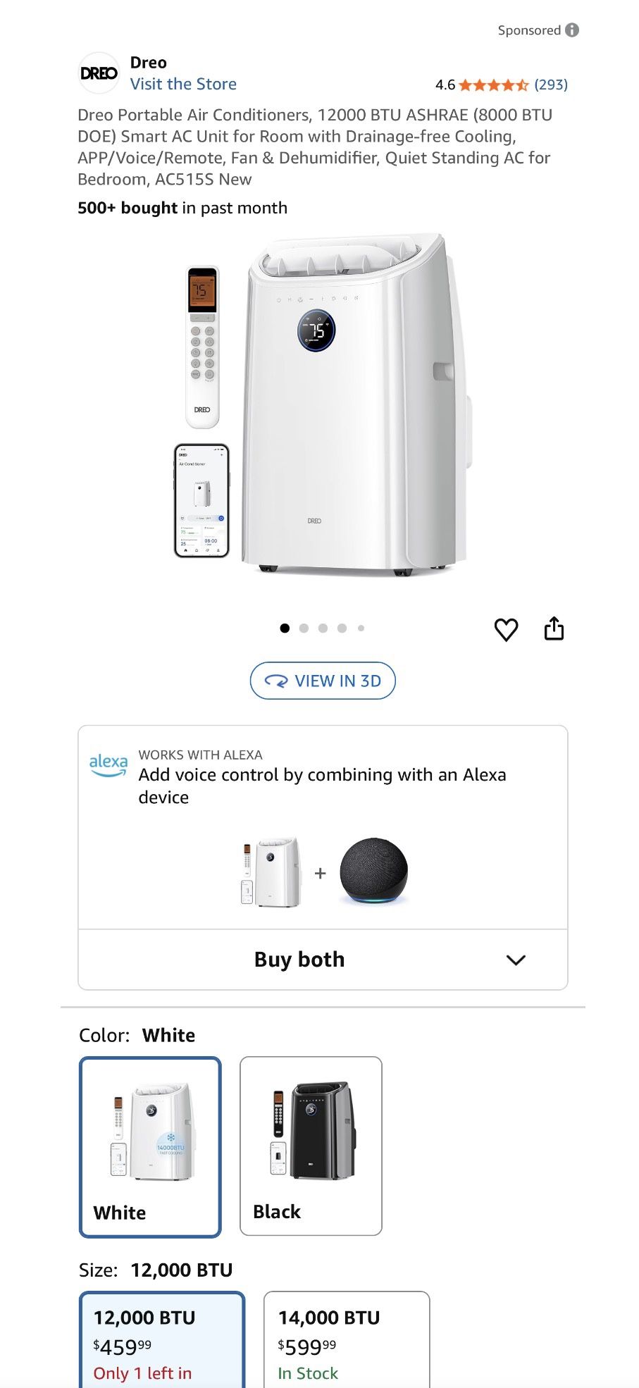 Dreo Portable Air Conditioners, 12000 BTU ASHRAE (8000 BTU DOE) Smart AC Unit for Room with Drainage-free Cooling, APP/Voice/Remote, Fan & Dehumidifie