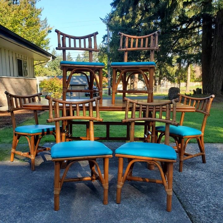 Mid Century Atomic Tiki Bamboo Dining Set Table And 6 Chairs Vintage ...