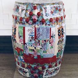 1980 Vintage Oriental Famille Rose Mixed Color Porcelain Table Stool | Chinoiserie  
