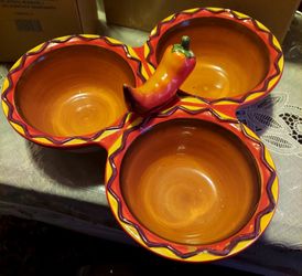 CLAY ART CHILI PEPPER CONDIMENT PARTY TRAY/MEXICAN DESIGN DIP SERVING DISH