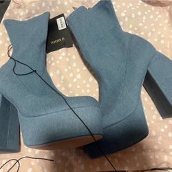 Denim Platform Block Boots - Forever 21 (Size 8)