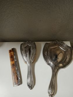 Antique Silver Plate Vanity Beveled Mirror Comb Brush Dressing Table Set