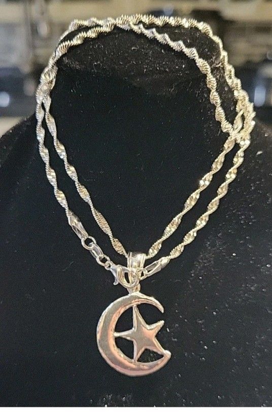 New 925 Sterling Silver Half Moon,Star Twisted Necklace Pendant 22"