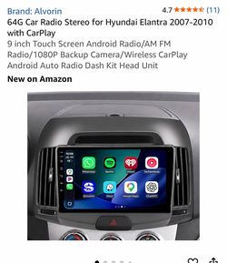 64G Car Radio Stereo for Hyundai Elantra 2007-2010 with CarPlay 9 inch Touch Screen Android Radio/AM FM Radio/1080P Backup Camera/Wireless CarPlay And
