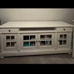 White Media Console TV Stand with tempered Glass Doors