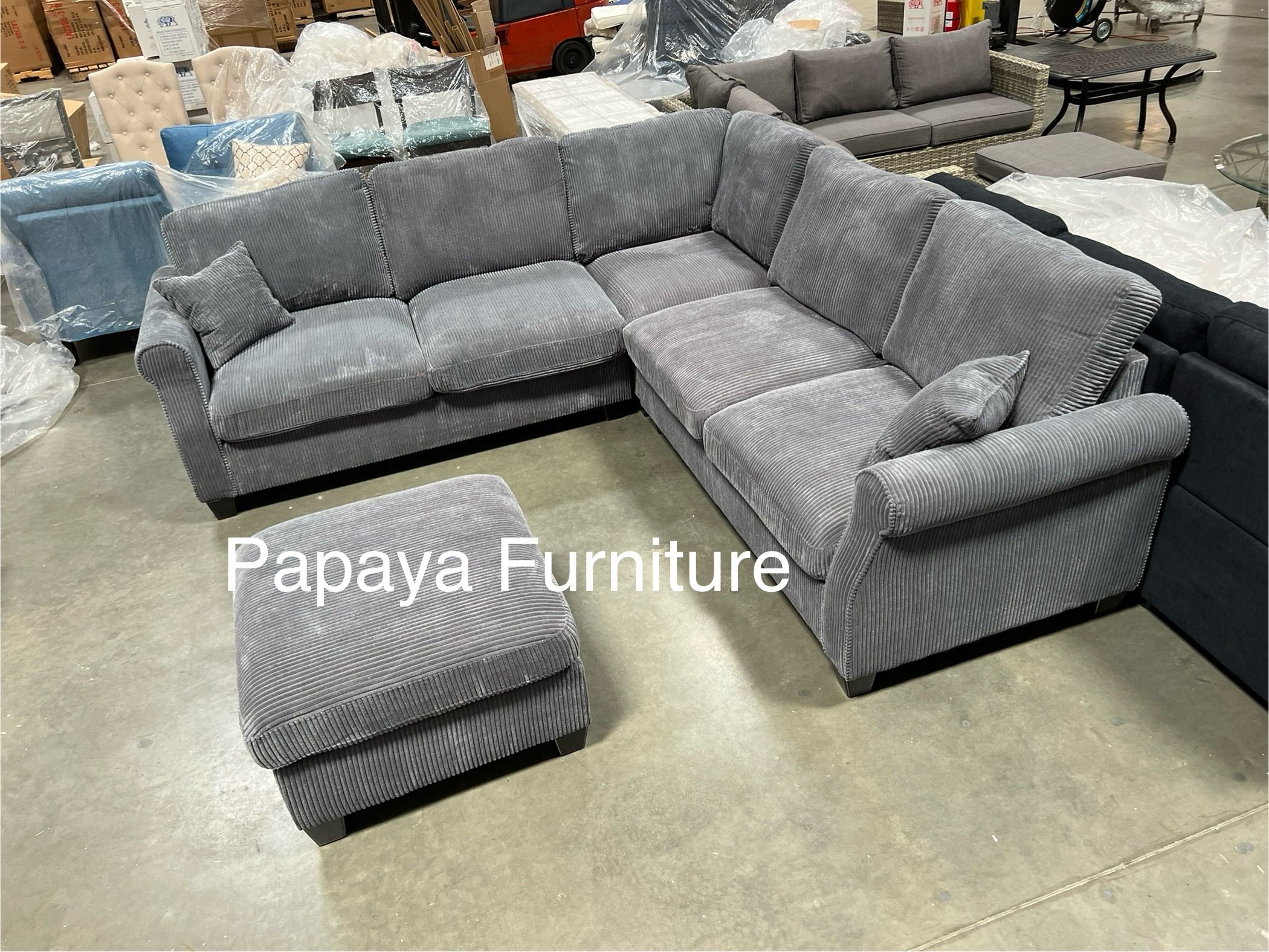 New! Plush Dark Grey Sectional Sofa And Ottoman, Sectionals, Sofa, Couch, Grey Couch, Grey Sofa, L-Shaped Sofa, Plush Sectional Couch,Living Room Sofa