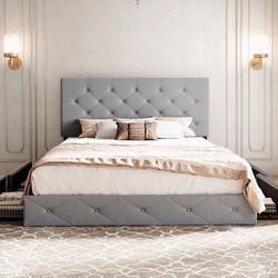 Queen Size Upholstered Platform Bed Frame with 4 Drawers Storage and Diamond Stitched Button Tufted Headboard, Light Grey