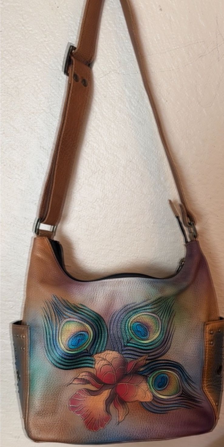 Title: Brand New Leather Bag with Hand-Painted Peacock Feather Design