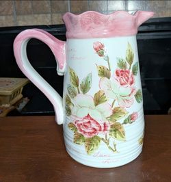10.5" Maxcera Corp ("Amour" pattern) large ceramic pink roses pitcher/vase
