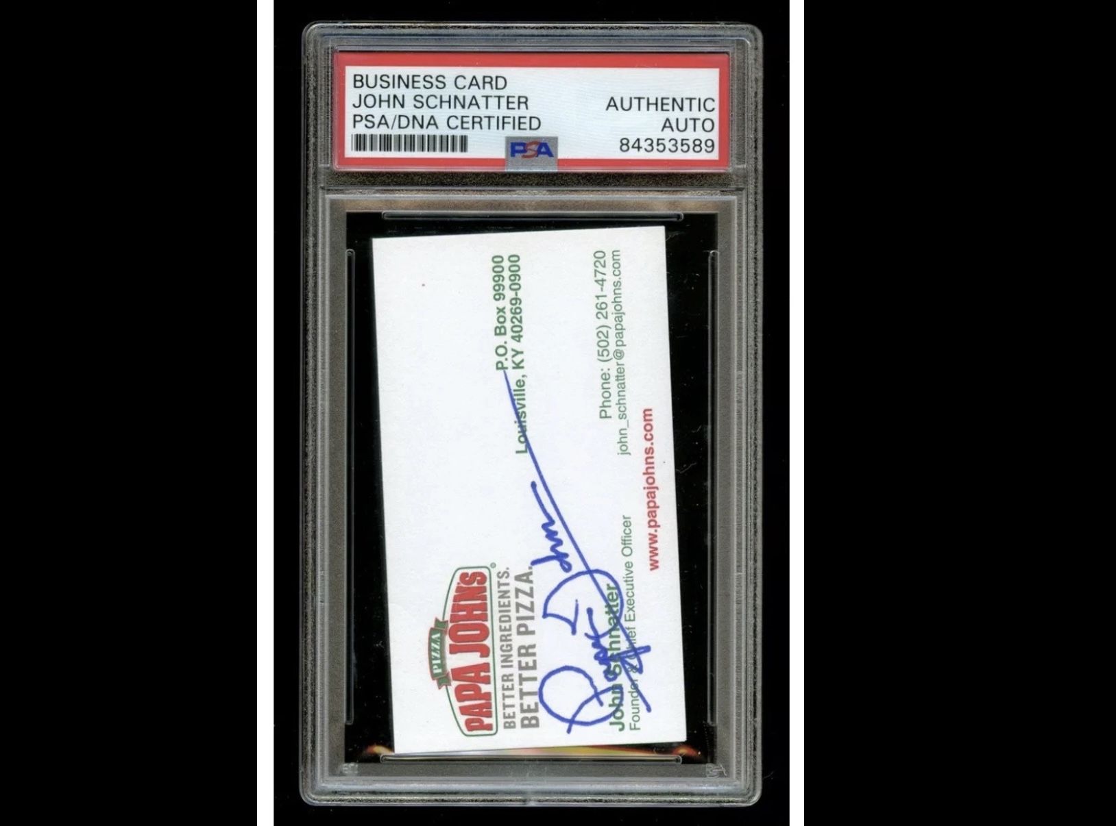 Authentic PSA auto business card of John Schnatter. Former CEO and Founder of Papa John’s Pizza