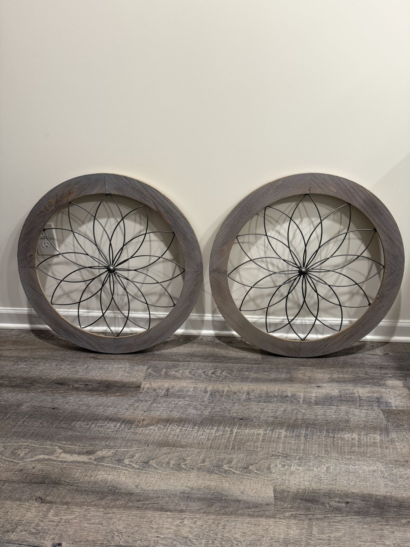 Two Rustic Country Farmhouse Round Metal Wood Wall Art Pieces (26”)