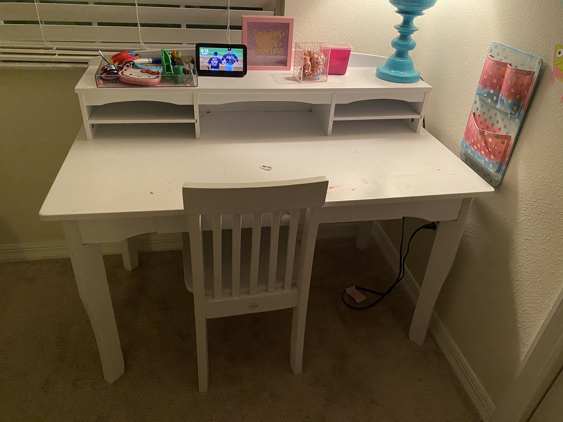 White wooden desk with chair