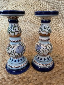 Pair of Hand Painted Portugal Ceramic Stoneware Candle Holders Bird Nature