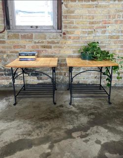Oak Top Steel Side/End Tables Set of 2 w/ Shelf, Industrial Rust