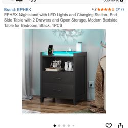  nightstand with LED lights and charging station. And side table with 2 drawers 1 pc 